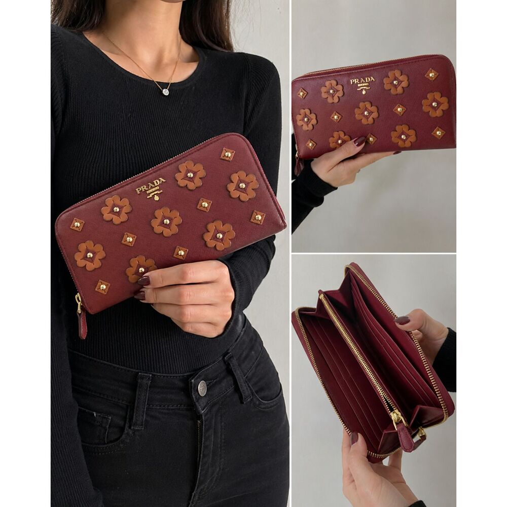 Prada Saffiano Leather Floral Zip Around Wallet Red Orange Pearl Long Wallet